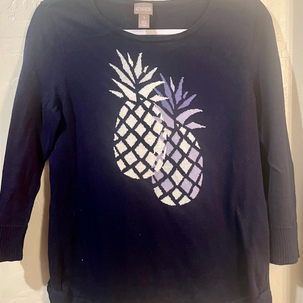 Chico's Navy Long Sleeve Tee with Pineapple Design